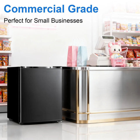 Compact 2.1 Cubic Foot Upright Freezer Featuring Precision Temperature Controls And Sturdy Removable Shelves in black, suited for small business use.