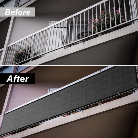 Before and after of balcony with Privacy Fence Screen 3 Feet By 50 Feet Heavy Duty HDPE Mesh Shade Cover installed