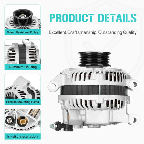 New High Output 12 Volt Alternator For Jeep Cherokee 4 Liter 2001 Beefy 117 Amp Aluminum Housing Copper Windings With Clockwise Rotation ER Regulator And S6 Pulley Replaces 56041822AB 1210003780 40052082 13906 12318 Durable Automotive Power, shown with aluminum housing and S6 pulley.