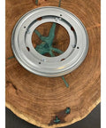 16 Inch Handcrafted Lazy Susan Charcuterie Board With Turquoise Painted Wood Rotating Serving Tray underside view showing base