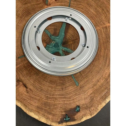 16 Inch Handcrafted Lazy Susan Charcuterie Board With Turquoise Painted Wood Rotating Serving Tray underside view showing base