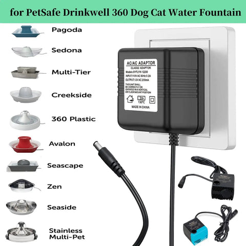 12V Power Adapter For Drinkwell 360 Water Fountain Dog And Cat, black adapter plugged into wall with visible copper core cable