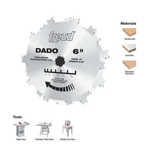 Image of Pro Dado Sets for Six Inch Saws with Ten Tooth Blades and Five Eighth Inch Arbor alongside material and tool compatibility.
