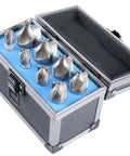 HSS corner rounding end mill set, 8 pcs, sizes 1/16–3/8 in, in blue foam-lined metal case (open)