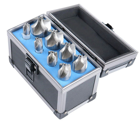 HSS corner rounding end mill set, 8 pcs, sizes 1/16–3/8 in, in blue foam-lined metal case (open)