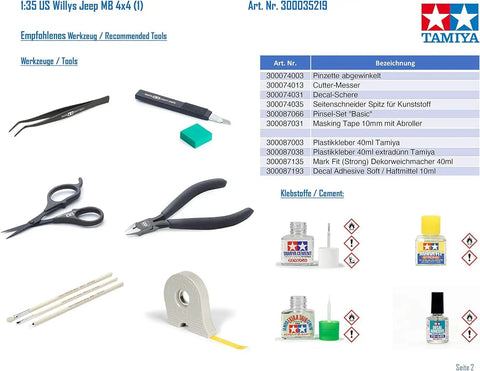 Tools and components for Jeep Willys MB 1/35 Scale 4X4 Military Vehicle Model Kit With Driver Figure And Decals For Five Vehicles display