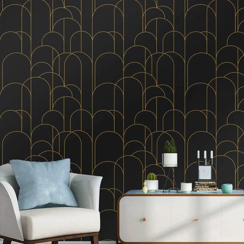 Dope Black Geometric Peel And Stick Wallpaper Self Adhesive Removable Matte For Easy Home Decor And Furniture Renovation 17.71 Inch By 275 Inch Line Up Easily displayed on a wall behind a modern sofa and console table.