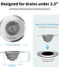 Top Shelf Reversible Bathtub Drain Strainer And Hair Catcher Set Crafted From Heavy Duty 304 Stainless Steel To Stop Tough Clogs And Keep Your Showers Rolling Smooth As Silk, features mesh profile and dimensions.