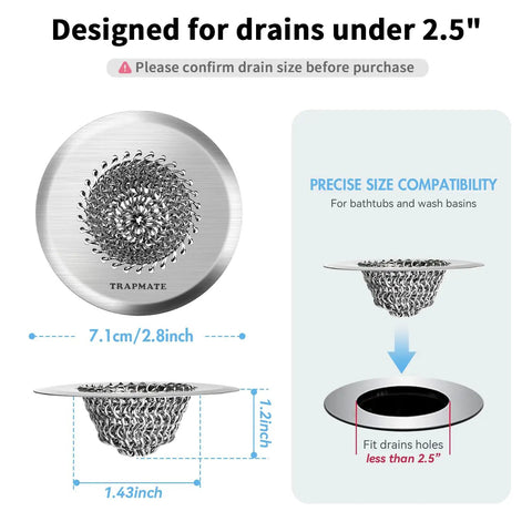 Top Shelf Reversible Bathtub Drain Strainer And Hair Catcher Set Crafted From Heavy Duty 304 Stainless Steel To Stop Tough Clogs And Keep Your Showers Rolling Smooth As Silk, features mesh profile and dimensions.