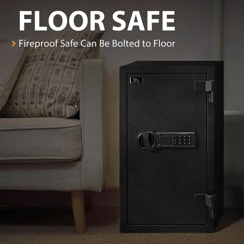 UL Certified Fireproof Safe For Home And Office 3.47 Cubic Feet Large Steel Safe Box With Digital Lock next to sofa