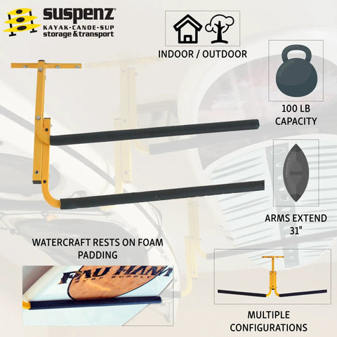 Yellow Kayak Ceiling Rack And Under Deck Garage Hanger For Two Kayaks And SUPs Adjustable Arm Storage Solution To Free Up Floor Space Easy Mount High Weight Capacity Keeps Water Gear Ready To Grab