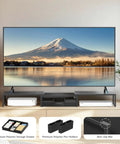 Dual Monitor Stand Riser With Drawer And Pen Holders, Metal Desk Organizer For Office Or Home Office, shown with TV on top