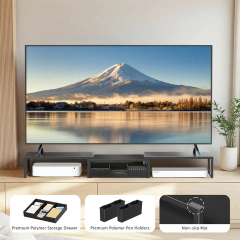 Dual Monitor Stand Riser With Drawer And Pen Holders, Metal Desk Organizer For Office Or Home Office, shown with TV on top