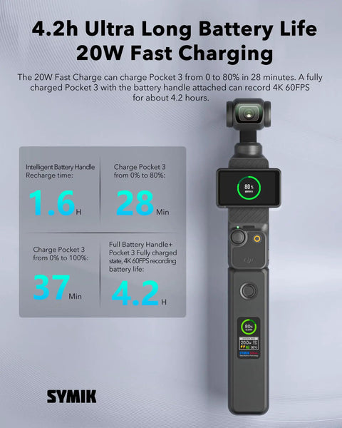 Intelligent Battery For DJI Osmo Pocket 4 Pro And Pocket 3 With 20W Fast Charge showing charging stats and LCD display