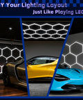 Ultra Bright LED Garage Lighting System With 14-Grid Hex Panels, cars under hexagonal LED lights in a garage setting.