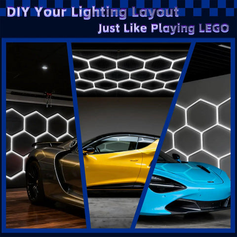 Ultra Bright LED Garage Lighting System With 14-Grid Hex Panels, cars under hexagonal LED lights in a garage setting.