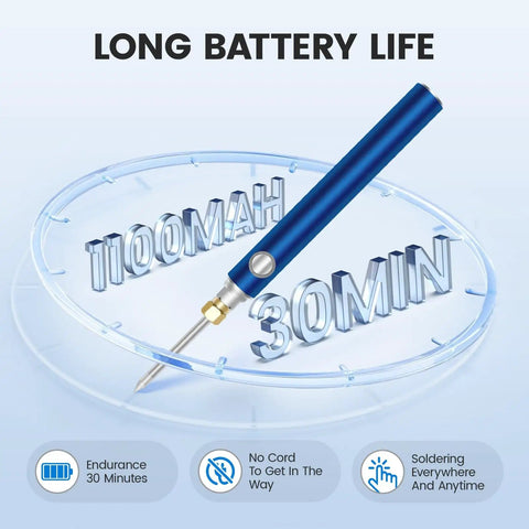 Cordless Soldering Kit With USB Rechargeable Battery featuring blue pen-style design, 1100mAh capacity and 30-minute use time.