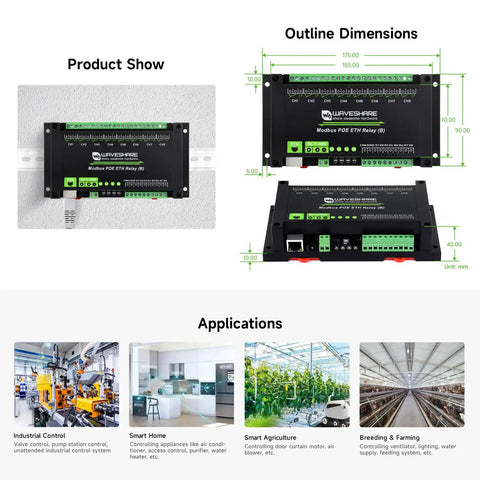 8 Channel Ethernet Relay Module With Digital Input And Modbus RTU TCP Support, PoE powered relay in rugged rail mount case
