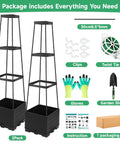 2 Pack Tomato Planter Pots With Raised Bed Trellis And 45 Inch Climbing Cages, gardening tools, and instruction kit.