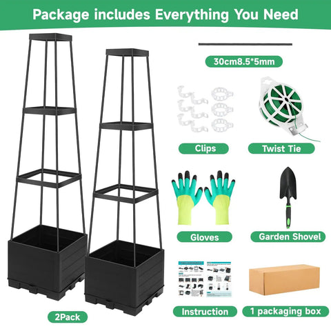 2 Pack Tomato Planter Pots With Raised Bed Trellis And 45 Inch Climbing Cages, gardening tools, and instruction kit.
