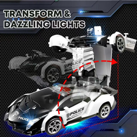 Transforming RC Car Robot for Kids Ages 3 to 8 with lights, 2.4GHz control, in police car mode and robot deformation shown.