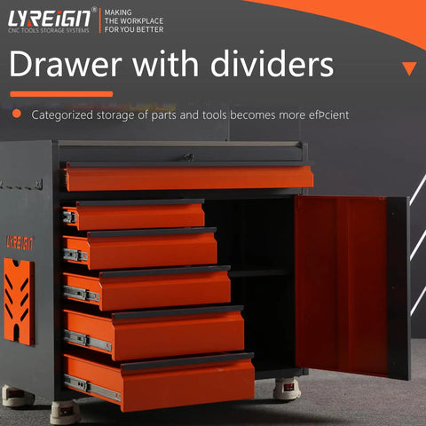 Heavy Duty Mobile Cutting Tool Organizer On Wheels With Belt Cold Rolled Steel CNC Tool Holder Cart, showing storage drawers.