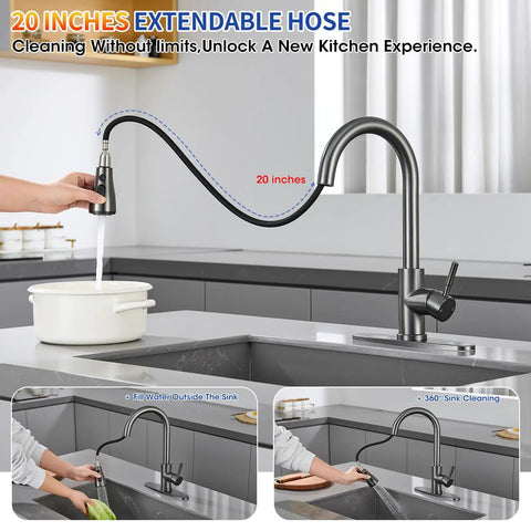 SOEBIZ Grey Kitchen Faucets with Pull Down Sprayer showcasing 20-inch extendable hose for versatile kitchen use.