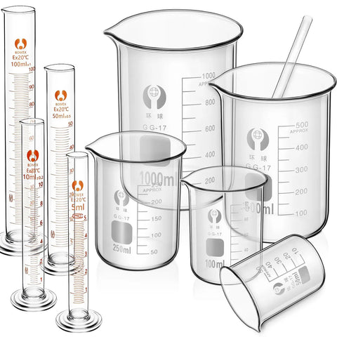 Glass Beaker And Graduated Cylinder Kit With Stirring Rod, Borosilicate Lab Glassware Set For Science Class And Home Experiments
