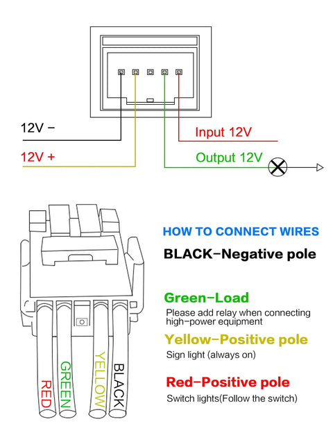 Diagram showing wiring instructions for 12V Blue LED Push Button Switch Waterproof Toggle, with connection colors and poles.