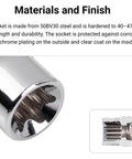 Close-up of chrome 3/8 in External Star Socket from Three Eighths Inch Drive External Star Socket Set With Rail 12 Piece