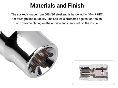 Close-up of chrome 3/8 in External Star Socket from Three Eighths Inch Drive External Star Socket Set With Rail 12 Piece