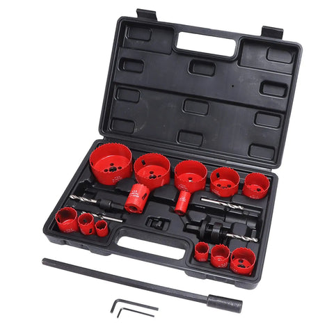 Cool Heavy Duty Ft Vogue Hole Saw Kit With 21 Pieces Includes 13 Fast Cutting HSS Drill Bits Plus Spacers Extenders And Converter For Woodworking Metal Tasks That Are Just Awesome, red HSS hole saw kit in black case