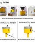 Diamond Hole Saw Kit 10 Pieces With Pilot Bits For Tile Ceramic Glass step guide showing drilling process and tool use