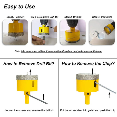 Diamond Hole Saw Kit 10 Pieces With Pilot Bits For Tile Ceramic Glass step guide showing drilling process and tool use