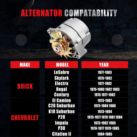 Alternator For Chevy One Wire 12V 105 Amp Self Exciting 10SI Replacement Fits SBC BBC GM compatibility chart with vehicle list