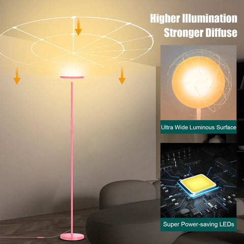 Dope Bright 40W LED Floor Lamp Torchiere With 4000 Lumens Stepless Dimming illuminating a room, showing wide illumination surface.