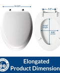 Comfy Padded Toilet Seat With Chrome Hinges And Durable Wood Core, Elongated White Comfort Seat dimensions shown in diagram.