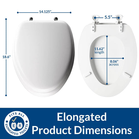 Comfy Padded Toilet Seat With Chrome Hinges And Durable Wood Core, Elongated White Comfort Seat dimensions shown in diagram.