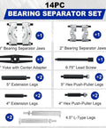 14 Piece Hydraulic Bearing Puller Set With Rugged Alloy Gear Extractors featuring various separator jaws and extension legs.
