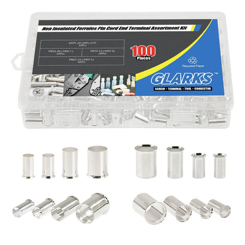 100 Pcs Wire Ferrule Terminal Kit, Copper Crimp Connectors, Silver Plated, Non Insulated, Assorted AWG 4 2 1 2/0 in storage case