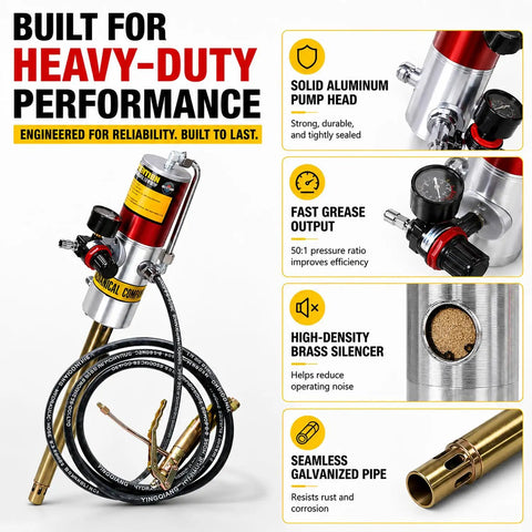 Beefed Up Heavy Duty Fifty To One Air Operated Grease Pump With Sixteen Foot Hose For Twenty To Fifty Five Gallon Pails Industrial Pneumatic