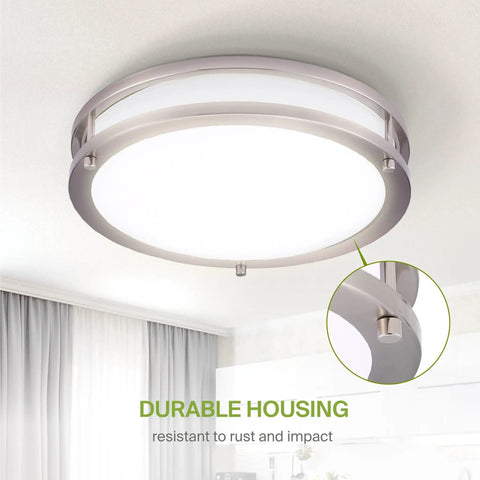 12 Inch Round LED Flush Mount Ceiling Light With 3 CCT Dimmable Settings, Low Profile Nickel Finish, close-up view