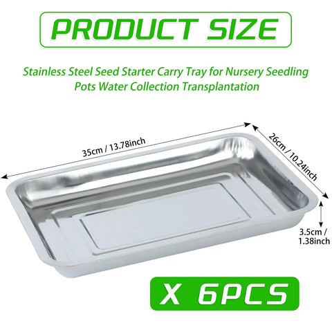 Six Pack Stainless Steel Seed Starter Trays For Germination Seedlings And Water Collection Durable Nursery Trays For Transplanting Beans Broccoli Sprouts Alfalfa Wheatgrass And More Home Garden Essentials shown with dimensions