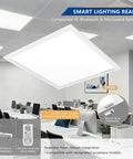 2x2 Backlit LED Panel Light With Boss Level Bright Output in office ceiling, showing sensor details and compatibility