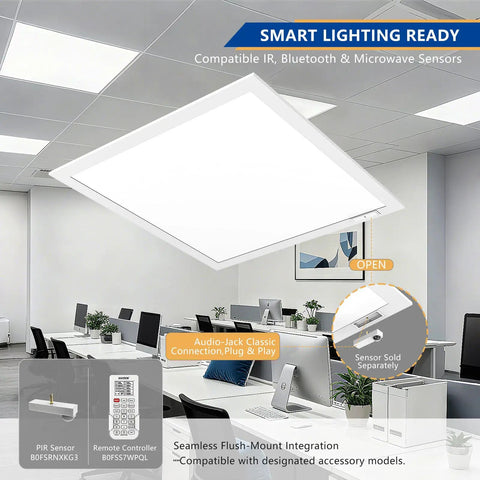 2x2 Backlit LED Panel Light With Boss Level Bright Output in office ceiling, showing sensor details and compatibility