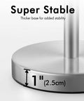 Freestanding Brushed Stainless Steel Toilet Paper Holder With Rock Solid Heavy Base Holds Three Rolls Anti Tip Bathroom Storage Stand base with 1 inch thickness.