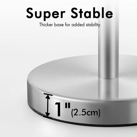 Freestanding Brushed Stainless Steel Toilet Paper Holder With Rock Solid Heavy Base Holds Three Rolls Anti Tip Bathroom Storage Stand base with 1 inch thickness.