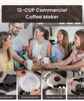 Group enjoying coffee using 12-Cup Commercial Drip Coffee Maker With Three Lower Warmers, Stainless Steel Finish, easy brewing steps shown.