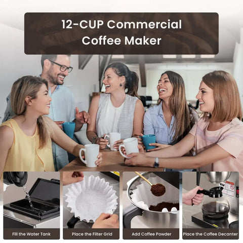 Group enjoying coffee using 12-Cup Commercial Drip Coffee Maker With Three Lower Warmers, Stainless Steel Finish, easy brewing steps shown.