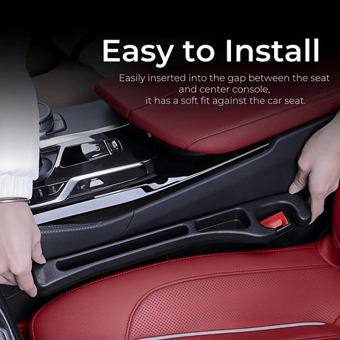 Person installs Car Seat Gap Filler 2 Pack No Drop Organizer With Phone Holder between seat and console in red car interior